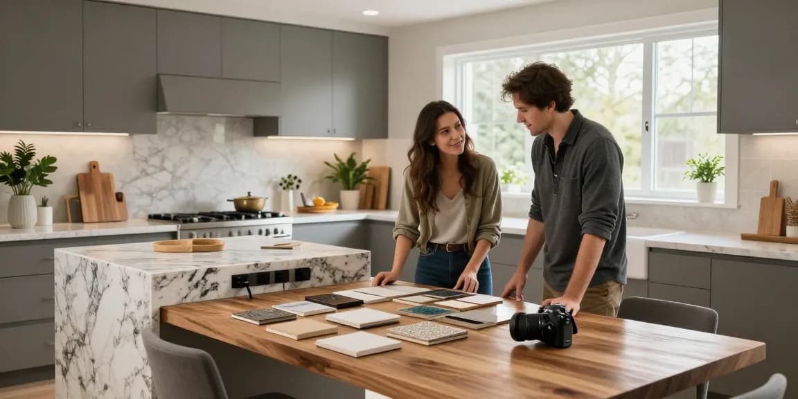 Custom countertops Hamilton showcased in a modern kitchen design consultation with homeowners.