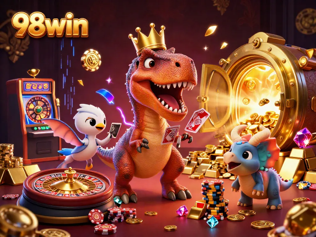 Experience thrilling card games and vibrant casino action with 98win in a playful dinosaur-themed scene.