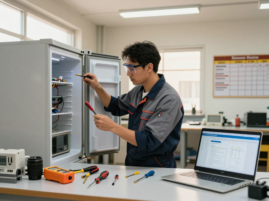 Expert appliance repair company technician analyzing a refrigerator in a bright workshop.