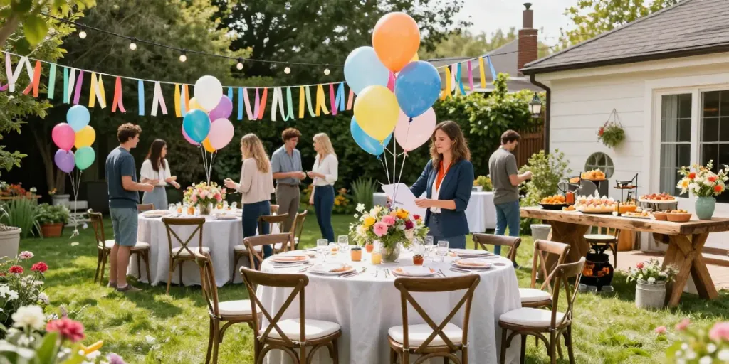 Party planner near me preparing decorations for a vibrant outdoor celebration.