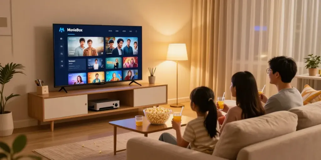 Family enjoying movie night with moviebox download displayed on TV
