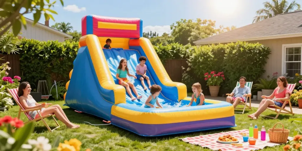 Children having fun on a colorful inflatable water slide in a sunny backyard.