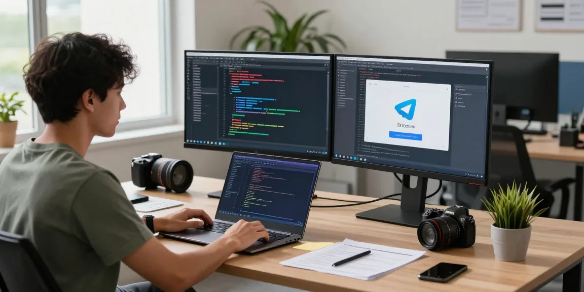 Telegram download: Developer coding on a laptop in a modern workspace showcasing Telegram app and tech tools.