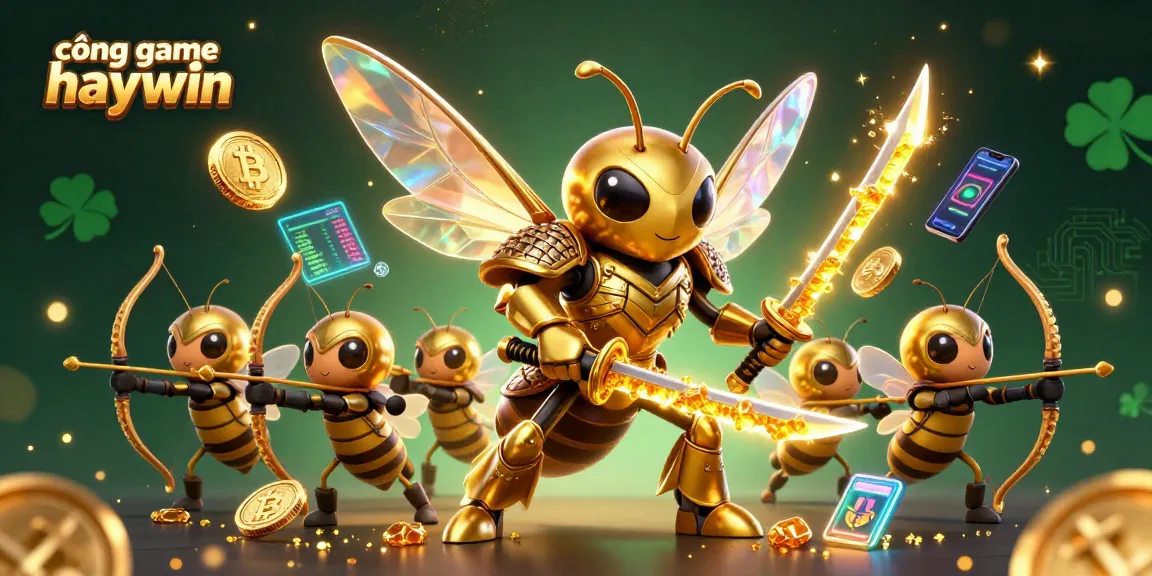 Experience thrilling gaming action with cổng game haywin showcased in a vibrant 3D scene featuring a golden hornet and crypto elements.