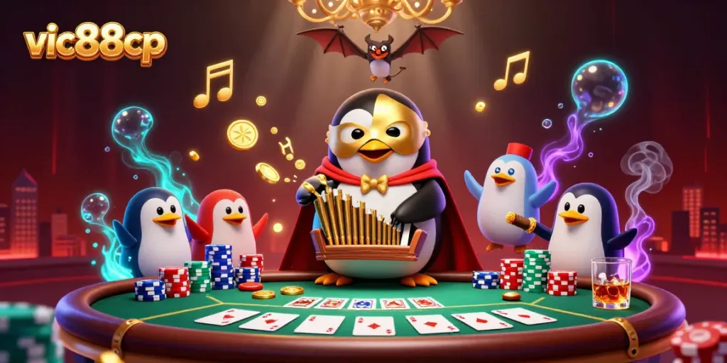 Watch the vic88cp penguin serenade with golden coins while bats perform above at this vibrant casino.