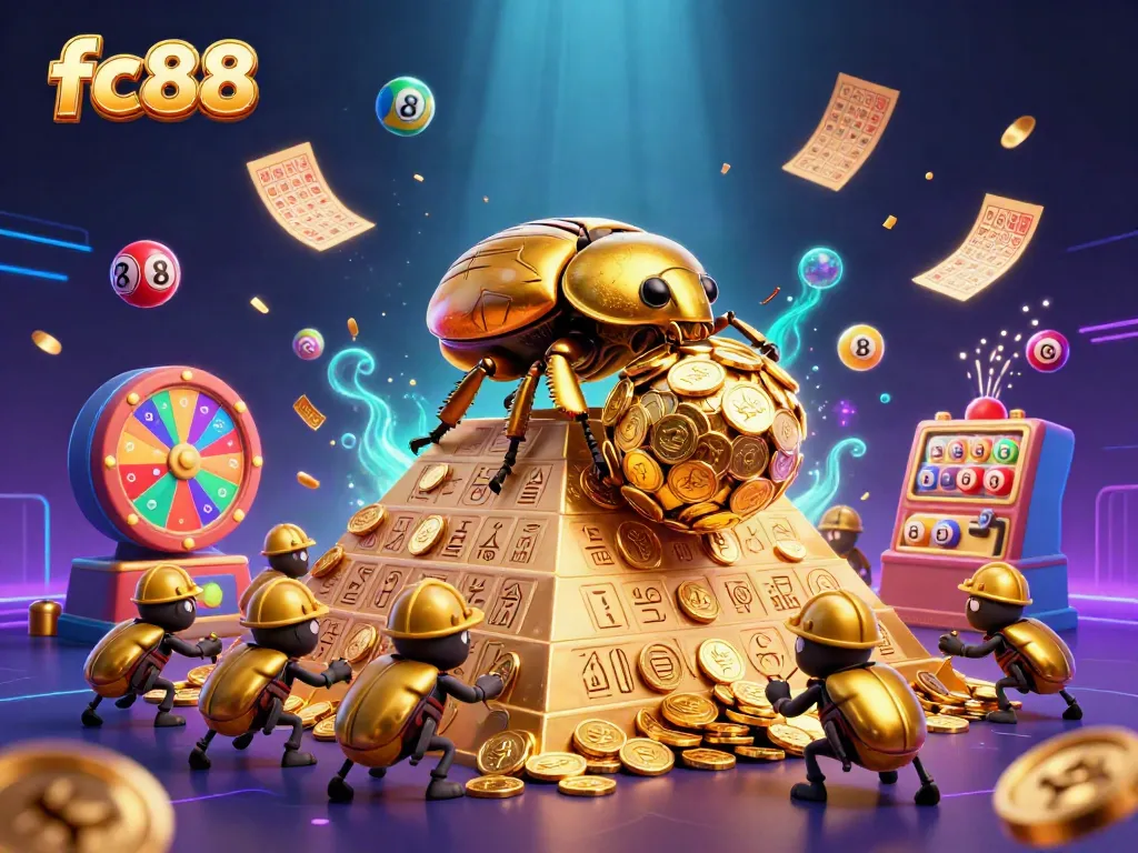 Experience the fun of fc88 with golden coins and lottery elements in an exciting casino scene.