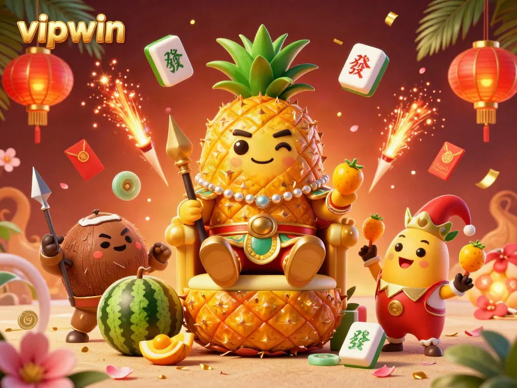 Experience the vibrant world of vipwin with the golden pineapple king surrounded by festive casino elements.