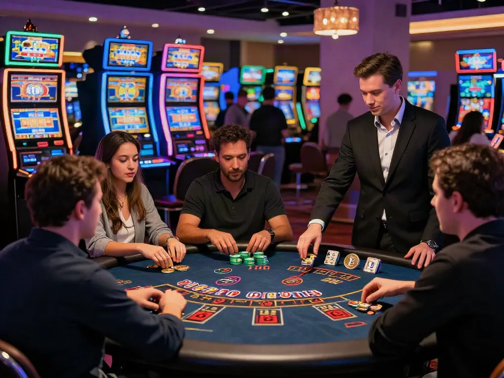 Crypto casino Canada that accepts bitcoin, lively players at a blackjack table surrounded by colorful slot machines and digital displays.