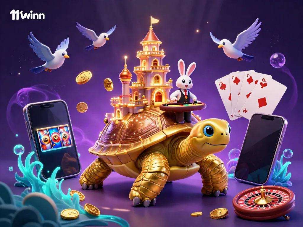 Engage with thrilling games at 11winn featuring a golden tortoise casino scene and vibrant gambling elements.